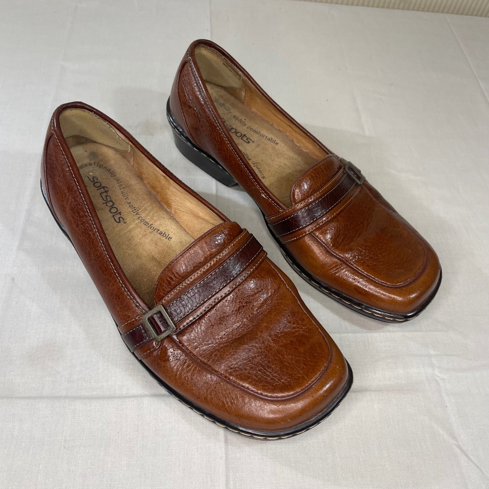 Softspots Womens Brown Leather Square Toe Loafers Buckle Detail Size 7.5W 717920